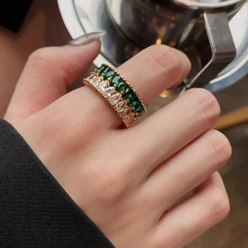 Gold Green Crystal Chunky Ring